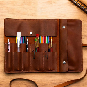 Estuche enrollable de cuero duradero para artistas, organizador de viaje para acuarelas con múltiples ranuras, fabricante OEM personalizado en venta - Product Image 5