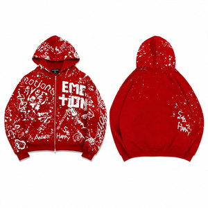 Sweat-shirt à capuche surdimensionné à fermeture éclair, imprimé graffiti rouge, streetwear, sweat-shirt à capuche en tricot pour homme, mode automne - Product Image 1