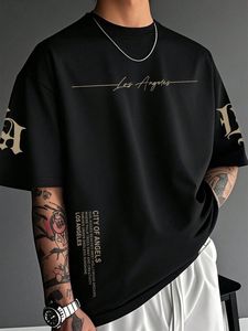 Camiseta de Manga Corta para Hombre, Oversize, Negra, con Estampado Digital de Letras, Cuello Redondo, Estilo Urbano, Algodón Jersey, Transpirable, Corte Regular - Product Image 1