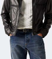 Blouson moto homme en cuir véritable noir, col montant, fermeture éclair, coupe ajustée, style automne, design personnalisé, fournisseur en gros