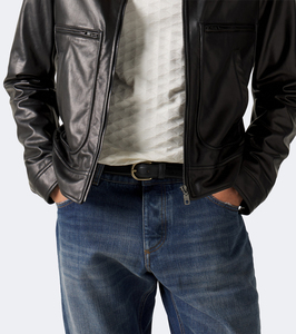 Blouson moto homme en cuir véritable noir, col montant, fermeture éclair, coupe ajustée, style automne, design personnalisé, fournisseur en gros - Product Image 5