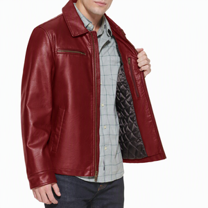 Veste en cuir rouge pour homme, col rabattu, fermeture éclair, vêtement d'extérieur décontracté pour l'automne, coupe classique, couleur unie - Product Image 3