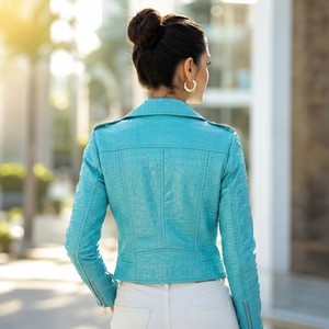 <b>Leather</b> Spot Women's Embossed for <b>Leather</b> Slim Fit Motorcycle <b>Jacket</b> | Luxury Streetwear Silk Lining Quilted Eco-Friendly - Product Image 3
