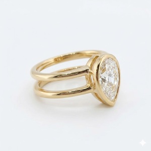 Pear Cut Engagement <b>Ring</b> 18K Yellow Gold Bezel Set Double Band Wedding <b>Ring</b> Lab Grown Diamond Teardrop Solitaire Unique Jewelry - Product Image 2