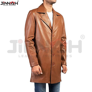 High Quality <b>Mens</b> Distressed Brown <b>Long</b> Leather <b>Coat</b> Fully Customized With Internal Soft Polyester Lining StylisTwo Side Pockets - Product Image 3