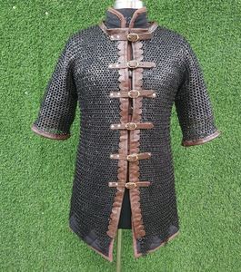 Camisa de malla metálica hecha a mano con ribete de cuero, acero dulce, anillos planos remachados, manga completa, armadura de caballero, recreación histórica - Product Image 2