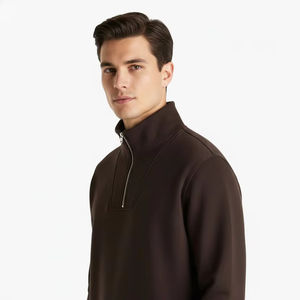 Sweat-shirt décontracté marron uni pour homme avec col montant et fermeture éclair quart de tour, manches longues, vente en gros - Product Image 1