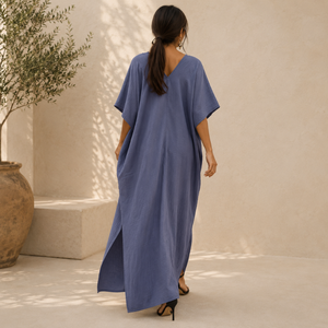 Vestido Kaftan de Gasa de Algodón |   Vestido Maxi Holgado con Cuello en V para Mujer, Manga Corta, Informal, Verano, Playa, Ligero, para Vacaciones - Product Image 2