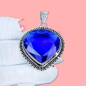 Pendentif en saphir bleu en forme de cœur, argent sterling 925, pendentif artisanal en pierres précieuses, bijoux vintage, cadeau d'anniversaire pour femmes - Product Image 5