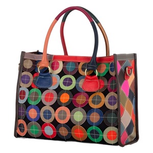 Sac fourre-tout Ando en cuir de vachette véritable pour femme, avec poignée supérieure et patchwork circulaire coloré - Product Image 1