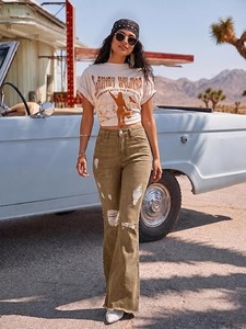Jean bootcut vintage tendance pour femme, décontracté, rétro, en coton, taille mi-haute, longueur genou - Product Image 3