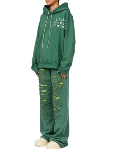 Personnalisé deux pièces en détresse brodé lavage à l'acide vintage évasé Street Style survêtement hiver coton survêtements strass - Product Image 4