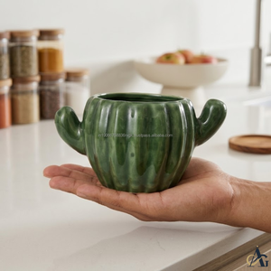 Maceta Decorativa de Cerámica Esmaltada con Forma de Cactus, Bandeja de Drenaje de Madera, Maceta Moderna para Plantas de Interior, Decoración para Pascua, Bodas, Hogar, Escritorio, Ecológica - Product Image 2