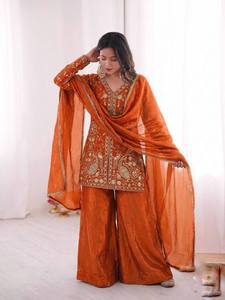 Conjunto de Kurti de Diseñador de Seda Fendi Pura de Calidad de Exportación con Palazzo y Dupatta con Borde de Encaje en los Cuatro Lados - Product Image 6