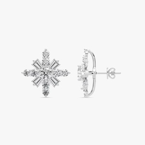 Boucles d'oreilles clous flocon de neige en or blanc 14 carats avec diamants de laboratoire taille baguette conique certifiés IGI, bijoux fins et tendance pour femme - Product Image 1
