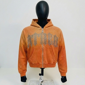 Orange Pigment Wash <b>Studded</b> Zip Hoodie Gothic Crystal Logo, O Ring Zipper Pull, Vintage Washed Streetwear, OEM/ODM - Product Image 1