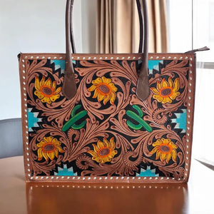 Bolso Tote de Cuero Repujado y Pintado a Mano para Mujer |   Bolso de Hombro de Cuero Genuino con Diseño Floral Occidental de Girasol - Product Image 2