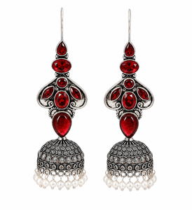 Trusted Supplier Oxidized Silver <b>Red</b> Stone Indian Jhumka <b>Earrings</b> for Women Bulk Supplier - Product Image 1