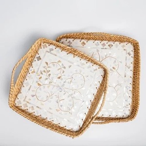 Plateau de rangement moderne en rotin fait main, à un seul niveau, ovale, incrusté de nacre, tressé, pour cuisine et salon - Product Image 1