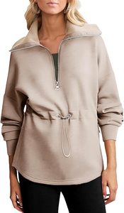 Sudadera Oversize de Mujer con Media Cremallera, Manga Larga, Cuello Redondo, Cintura con Cordón, Tejida 100% Algodón, Color Liso, para Otoño - Product Image 5