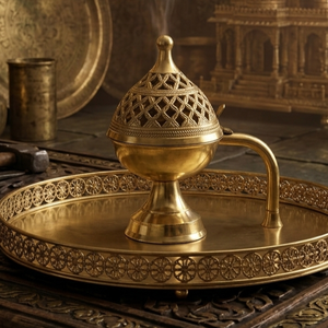 Brûleur d'encens en laiton fait main avec couvercle en treillis et poignée pour usage religieux, fournisseur indien - Product Image 1