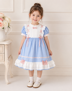 Robe de princesse Lolita vintage pour filles avec dentelle et nœuds en ruban |   Robe de fête en coton bleu - Product Image 4