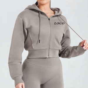 Wholesale Custom 380 500 Gsm Cotton Blank Plain Luxury <b>Cropped</b> <b>Hoodie</b> <b>Women</b> Blank Full Zip up Drawstring Soft Custom Oversize - Product Image 2