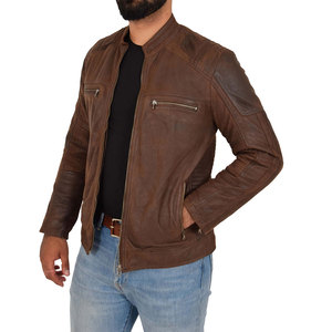 Chaqueta de cuero con forro de viscosa acolchado, cremallera, color marrón, logotipo personalizado al por mayor, chaqueta de cuero auténtico a prueba de viento, chaqueta descolorida para hombre - Product Image 3