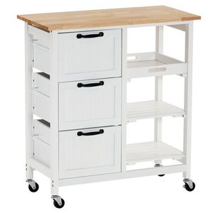 Three Drawers Three Layers 76*37*84cm Storage Cart with Black Handle Rubber Wood Log Color and White Spray Paint Dining Car - Product Image 1
