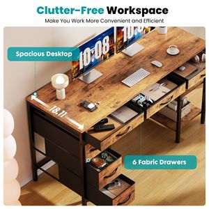 47 Inch <b>Foldable</b> Computer Desk with Fabric Drawers and Storage Shelves <b>Small</b> Home Office Study <b>Table</b> for Bedroom Rust - Product Image 3