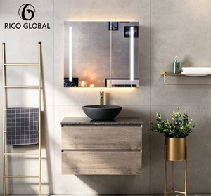 RICO GLOBAL Mueble de Baño Moderno de Pared con Espejo LED, Lavabo de Piedra, 48 Pulgadas, Acabado en Madera Clara, Diseño Minimalista - Product Image 1