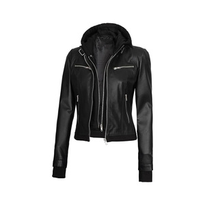 <b>Women's</b> Black Genuine Leather Shearling Bomber Jacket Sherpa Lined Cotton Filled <b>Lightweight</b> Thick Winter <b>Coat</b> with Fur Trim - Product Image 2