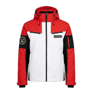 Men's Red <b>White</b> Black Hooded Puffer <b>Jacket</b> Sporty Waterproof Color Blocking Patch Design Winter Outerwear - Product Image 1