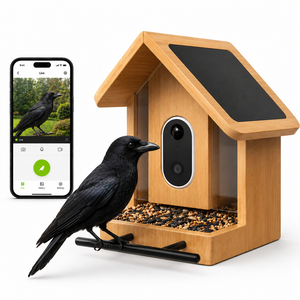 Mangeoire à oiseaux intelligente en bambou avec caméra et panneau solaire - Écologique, pour utilisation sur table ou dans le jardin, marque Aqudus Saleem, vente en gros - Product Image 1