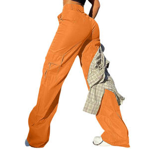 Pantalones Cargo Naranja para Mujer, Cintura Alta, Corte Regular, Largos, Color Sólido, Estilo Casual, con Bolsillos Laterales, Tela de Lona - Product Image 3