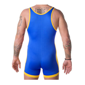 Camiseta de tirantes de lucha libre para hombre, azul con ribete amarillo, talla grande, informal, cuello redondo, color liso, tejido de punto, ropa deportiva - Product Image 5