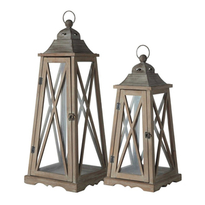 Farmhouse Wood Lantern Home Decor Wood Finish Wooden <b>Hurricane</b> Lantern with Galvanized Metal Top for Indoor Outdoor Use - Product Image 5