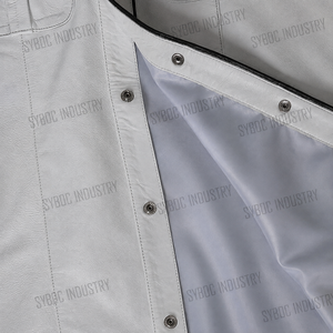 เสื้อเชิ้ตหนังแกะผู้ชาย แขนสั้น สีขาว เทา ดำ แต่งแถบผ้าตัดกัน กระเป๋าแบบมีฝาปิด สไตล์ยูทิลิตี้ หนังแกะแท้ เสื้อคลับแวร์ - Product Image 3