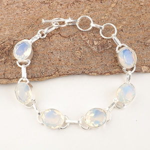 Bracelets tendance en opale laiteuse plaqué argent 925, bracelets à maillons de forme ovale avec serti clos pour femmes - Product Image 4