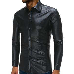 Chemises en cuir pour hommes, motif tendance, chemise en similicuir PU brillant à manches longues, t-shirts de danse, chemise vintage automne-hiver pour hommes - Product Image 6