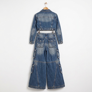 <b>Womens</b> Blue Denim Two Piece Set Cropped Jacket Multi Pocket <b>Baggy</b> Cargo <b>Jeans</b> Custom OEM ODM Wholesale Clothing Manufacturer - Product Image 5