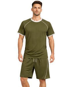 Mens Olive Green White Sports <b>T</b> <b>Shirt</b> & Shorts Set Breathable Quick Dry Gym Wear Athletic Running Training Activewear Outfit Set - Product Image 1