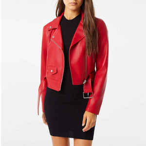Veste en cuir élégante de couleur rouge unie de qualité supérieure avec deux poches zippées pour femme, vente en gros, veste en cuir pour femme avec col montant - Product Image 4