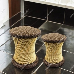 Ensemble 2 poufs en osier et bambou naturel Console traditionnelle en incrustation d'os de canne Pouf Boho tabouret tissé à la main meubles chambre entrepôt - Product Image 3