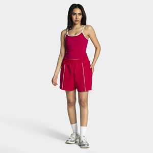 Premium Quality Polyester/Cotton Women's Shorts Embroidered Custom Logo Breathable Fabric White Line Piping Red Casual Style - Product Image 2