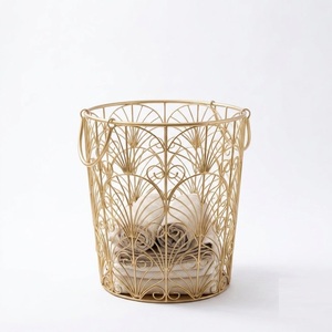 Handmade Iron Metal Gold <b>Laundry</b> <b>Basket</b> Wire Storage Hamper For Dirty Clothes Round Storage Bin For Hotel And Home Bathroom - Product Image 1