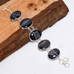 <b>Black</b> Banded Agate Bracelet Vintage Oval 925 Sterling Silver Handmade Jewelry Gift For <b>Women</b> Girls - Product Image 4