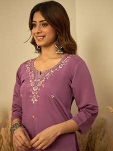 Purple Cotton <b>Kurta</b> With Embroidery Traditional Indian Ethnic Wear For <b>Women</b> Casual Ankle-Length Regular Fit - Product Image 3