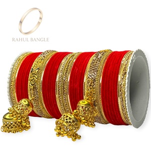 Luxury Punjabi Fashionable Bridal Bangle Set with <b>Red</b> Velvet Bangles Golden Kundan Work and Traditional Kalire Wholesale Price - Product Image 2