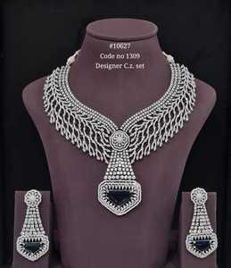 Designer C.Z. <b>Necklace</b> and Earrings Set Rhodium Plated Emerald Cut Zircon Geometric <b>Statement</b> Jewelry for Wedding Women's - Product Image 3